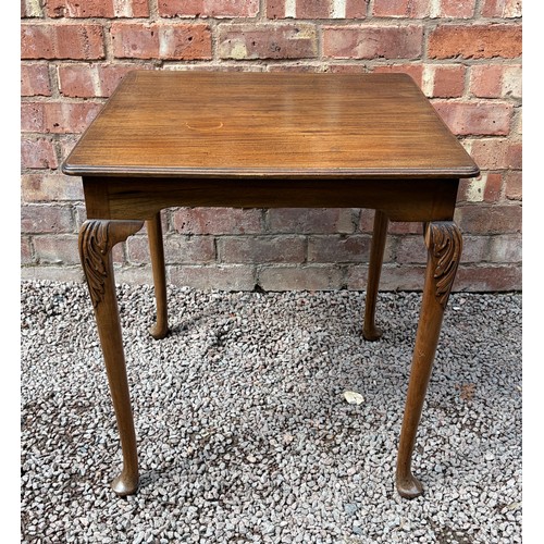 12 - MAHOGANY SQUARE SECTION TABLE ON CARVED CABRIOLE LEGS