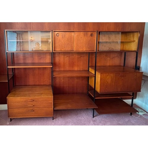 35 - AVALON TEAK SECTIONAL MODULAR SHELVING SYSTEM COMPLETE WITH GLASS SLIDING DOOR CABINETS, BUREA AND D... 