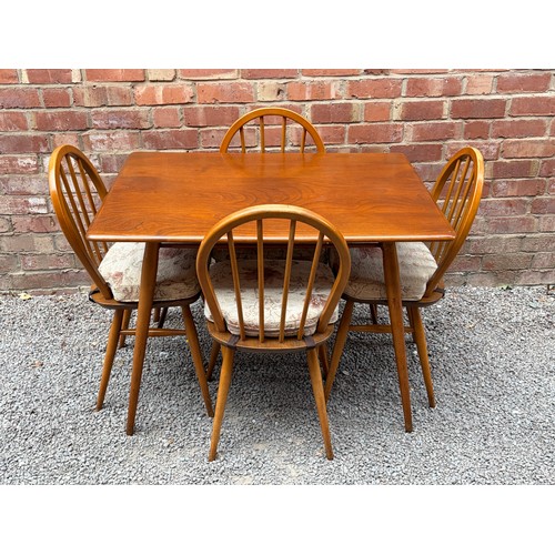 1 - ERCOL ELM DINING TABLE #393 AND FOUR HOOP BACK DINING CHAIRS