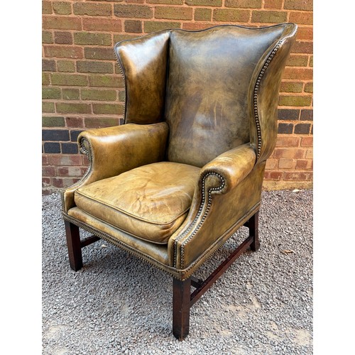 119 - QUALITY GEORGIAN STYLE BOTTLE GREEN LEATHER WING BACK ARMCHAIR