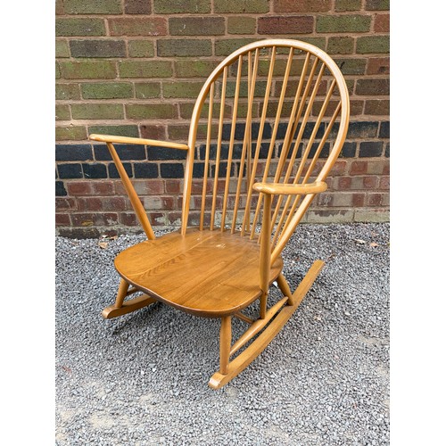 37 - ERCOL LIGHT ELM #315 SPINDLE BACK GRANDFATHER ROCKING CHAIR