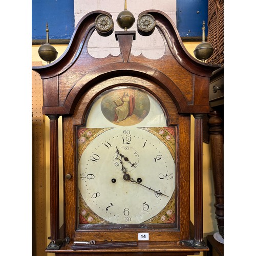 14 - 19TH CENTURY OAK LONGCASE CLOCK WITH PAINTED DIAL AND EIGHT DAY MOVEMENT