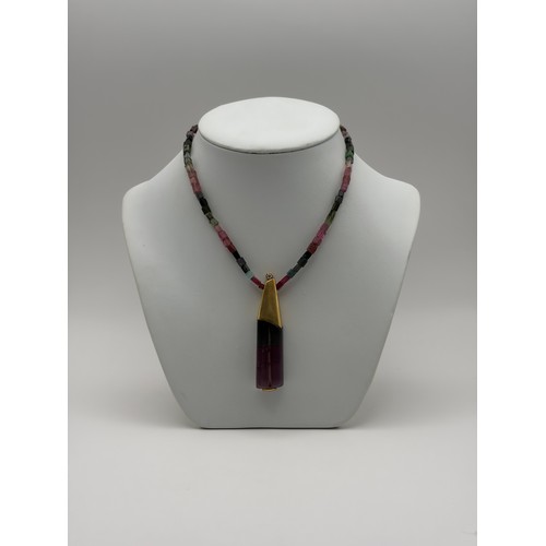 451 - CASED 18K GOLD MOUNTED C.W.SELLORS WATERMELON TOURMALINE AND DIAMOND BEAD PENDANT NECKLACE