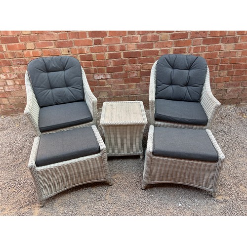 156 - BRAMBLECREST GREY RATTAN WEAVE TUB ARM CHAIRS WITH MATCHING STOOLS AND SIDE TABLE