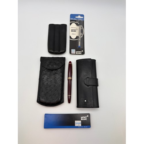 606A - MONT BLANC BURGUNDY INK FOUNTAIN PEN WITH 14K KNIB, TRAVELLING PEN HOLDERS, REFILL AND INK POT