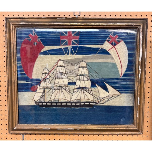 624 - WOOLWORK PICTURE OF MASTED SHIP