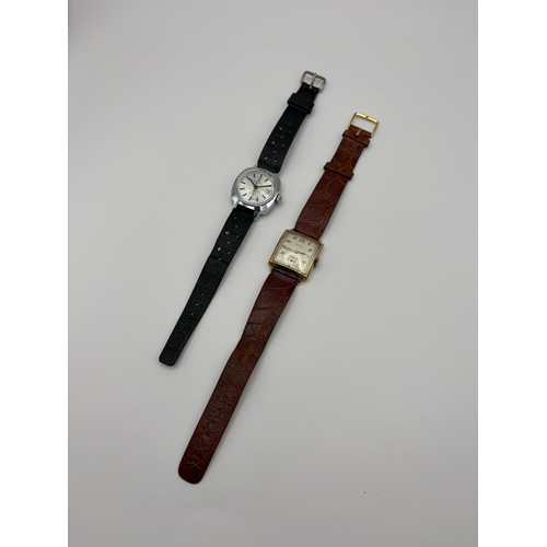 555 - LADIES SERVICES DATE ADJUST WRISTWATCH AND 10K RGP AMERICAN GOTHAM SQUARE FACE WRISTWATCH ON LEATHER... 