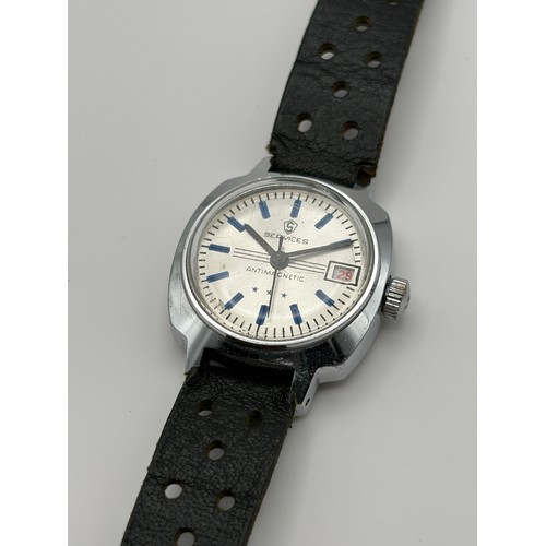 555 - LADIES SERVICES DATE ADJUST WRISTWATCH AND 10K RGP AMERICAN GOTHAM SQUARE FACE WRISTWATCH ON LEATHER... 
