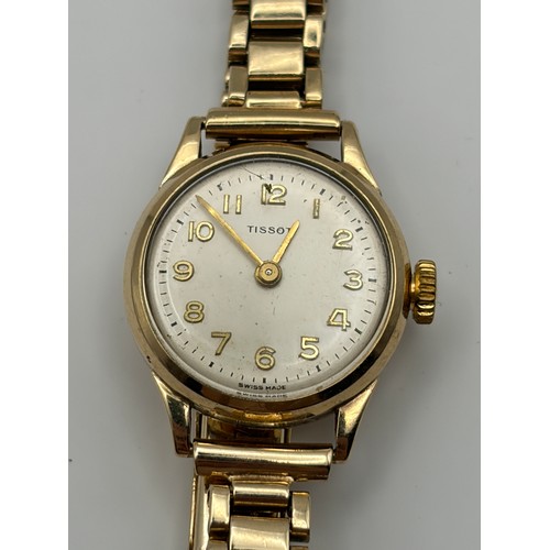 556 - LADIES TISSOT 9CT GOLD WATCH ON 9CT GOLD BRACELET STRAP 20G OVERALL