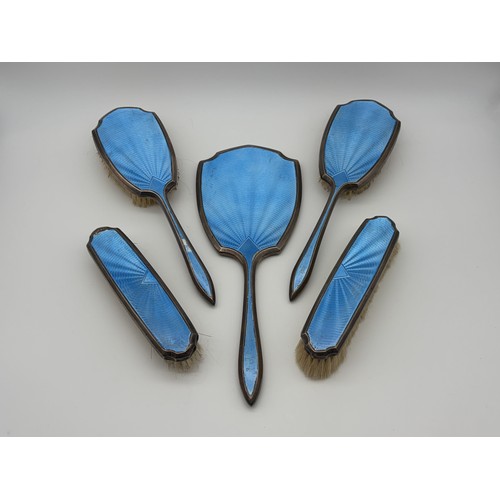 743 - MAPPIN & WEBB SILVER AND BLUE GUILLOCHE ENAMEL BACKED FIVE PIECE BRUSH AND MIRROR SET