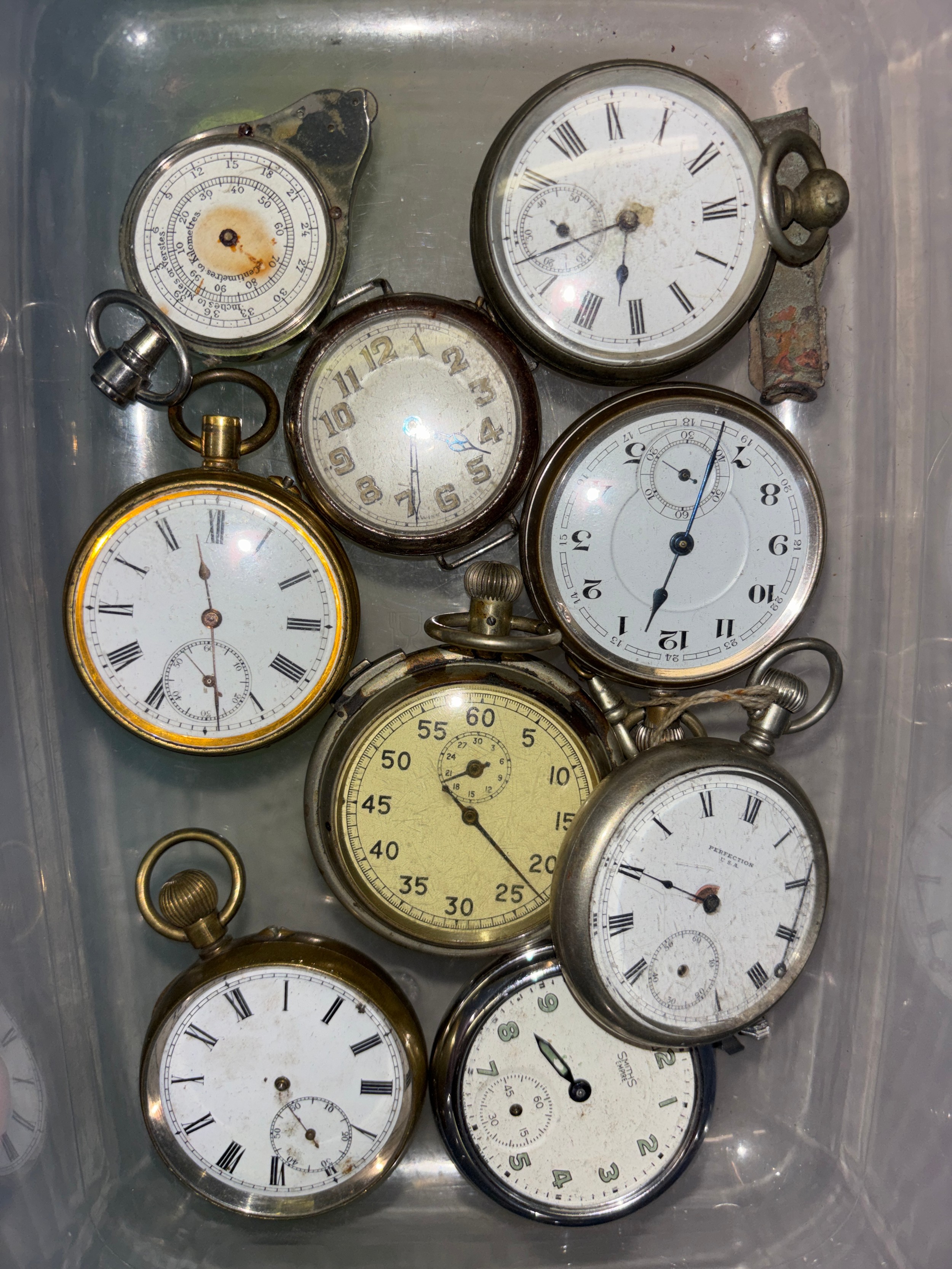 SELECTION OF BASE METAL OPEN FACE POCKET WATCHES AND STOP WATCHES A/F