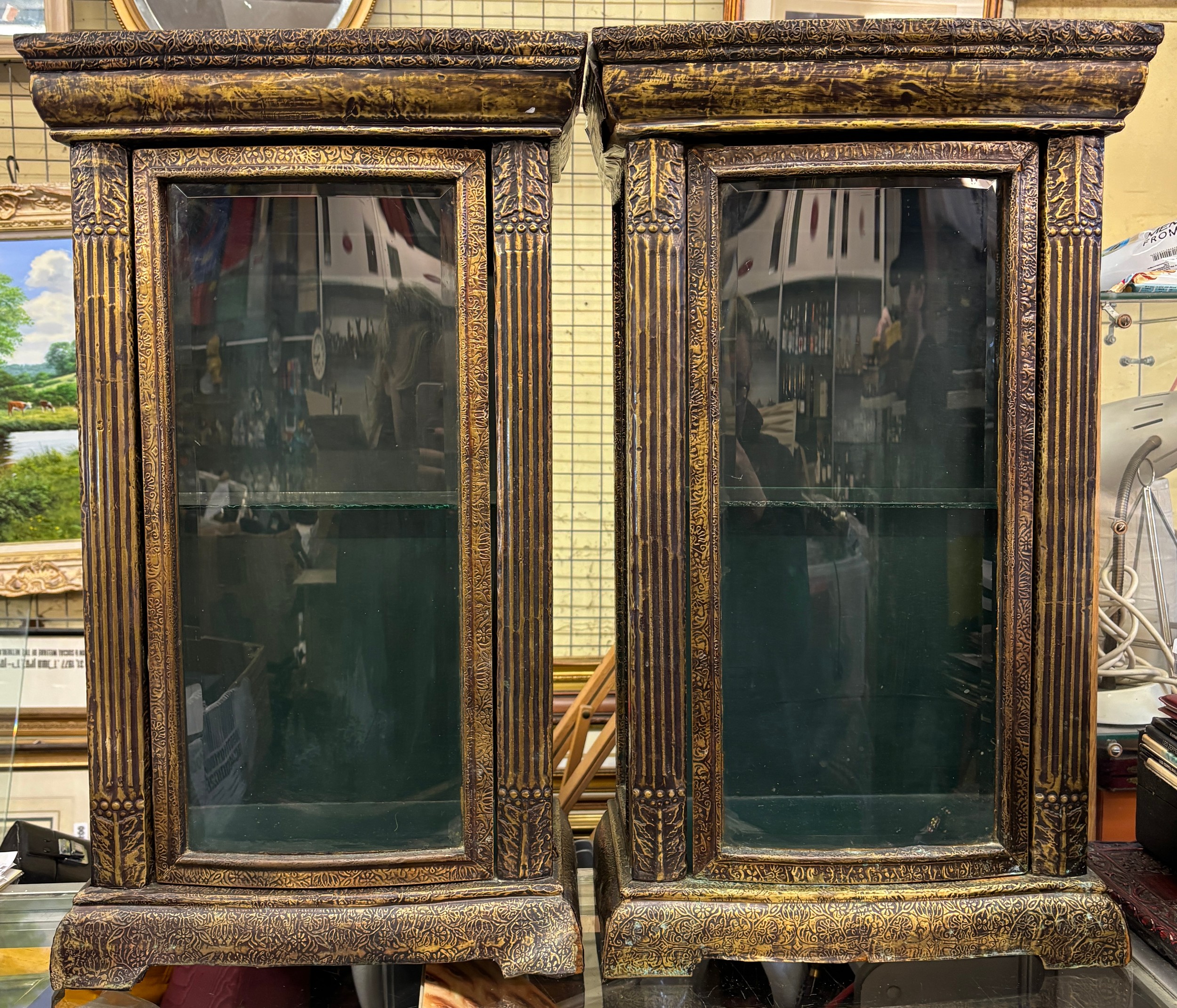 PAIR OF SMALL METAL COVERED DISPLAY CABINETS