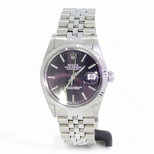 105 - ROLEX DATEJUST STEEL WATCH MENS PURPLE DIAL 36MM 18ct WHITE GOLD BEZEL 16014
Good condition, recentl... 