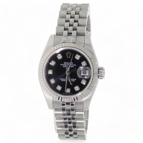 230 - Rolex Datejust White Gold Bezel Black Diamond Dial Ladies Watch 179174
Very good condition, recently... 