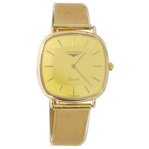 208 - Longines Quartz 761 9ct gold watch with a  18ct gold strap that weighs 28.8 grams