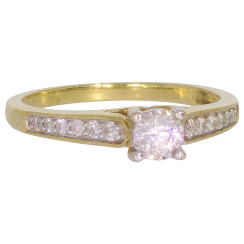 9ct gold diamond single-stone ring, with diamond shoulders. Set with principle brilliant cut diamond of 0.19ct, and shoulder diamonds of 0.14ct, total weight 0.33ct, assessed as G/H colour, SI clarity. Ring size P ½ . Weight 2.26g. Hallmarked Sheffield. Good, wearable condition.