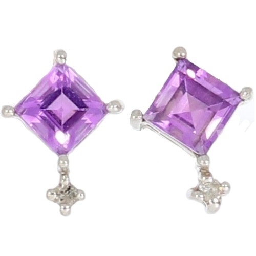 68 - 9ct white gold amethyst and diamond cluster earrings. Set with two square amethyst, and eight cut di... 