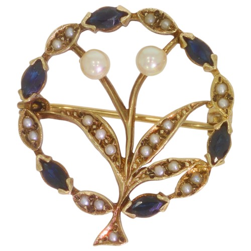 64 - 9ct gold sapphire and cultured pearl brooch. Set with twenty three cultured pearls, and siz marquise... 