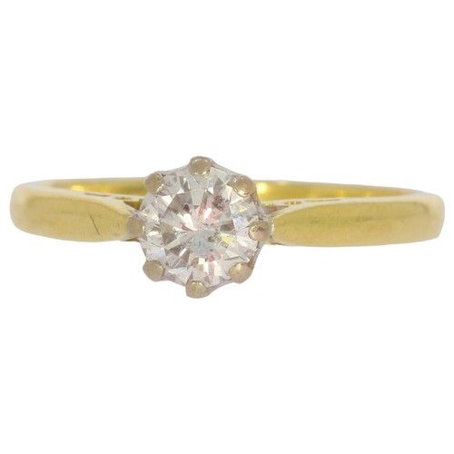 18ct gold diamond single-stone ring. Set with a brilliant cut diamond of 0.50ct calculated weight, assessed as H/I colour, SI2/I1 clarity. Size K. Weight 2.8g. Hallmarked London. Good, wearable condition.