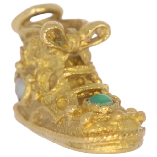 79 - 9ct Yellow Gold Boot Charm With Green And Pearl Like Features 3.9 Grams 20mm