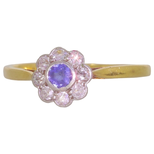 305 - Yellow Metal Tested 18ct Diamond And Sapphire Flower Cluster Ring 1.8 Grams Finger Size L 1/2