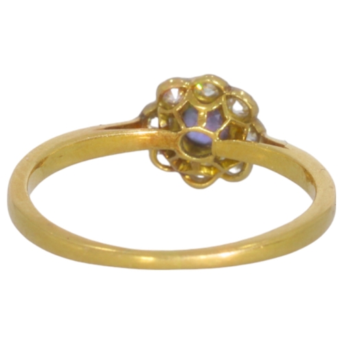 305 - Yellow Metal Tested 18ct Diamond And Sapphire Flower Cluster Ring 1.8 Grams Finger Size L 1/2