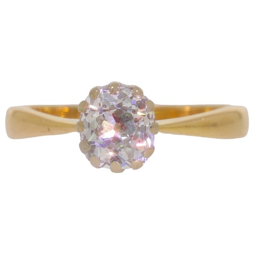 18ct gold old mine cut diamond single-stone ring. Set with an old mine cut diamond of 0.85ct calculated weight, assessed as H/I colour, VS clarity. Size L. Weight 3.1g. Hallmarked London. Good, wearable condition.