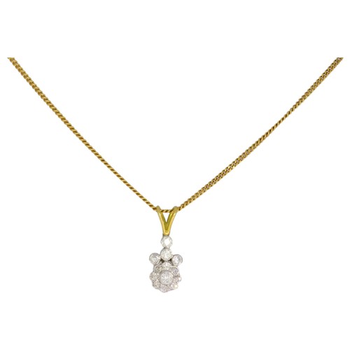 68 - 18ct gold diamond cluster pendant and 9ct gold chain. Mid-twentieth centiry handmade pendant set wit... 