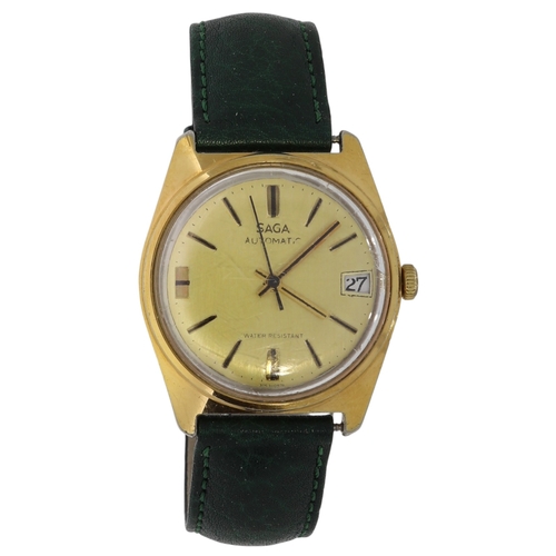 83 - Vintage Saga Mens 
Swiss Watch 
Automatic 
35mm
Green Leather Strap 
Stainless Steel Back