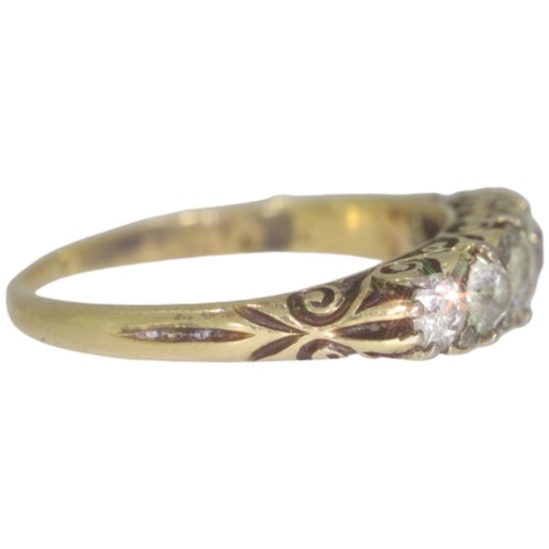 126 - Antique diamond carved half hoop ring. Set with old European and rose cut diamonds of 0.84ct total c... 