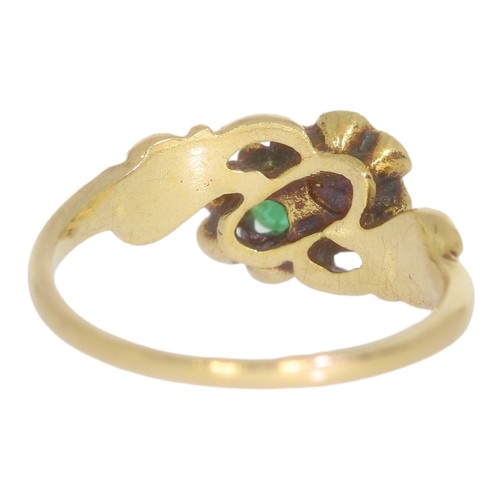 155 - Vintage style 9ct flower ring. 
green and red gems. 9ct yellow gold 
size M