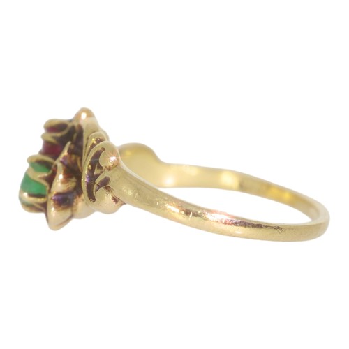 155 - Vintage style 9ct flower ring. 
green and red gems. 9ct yellow gold 
size M