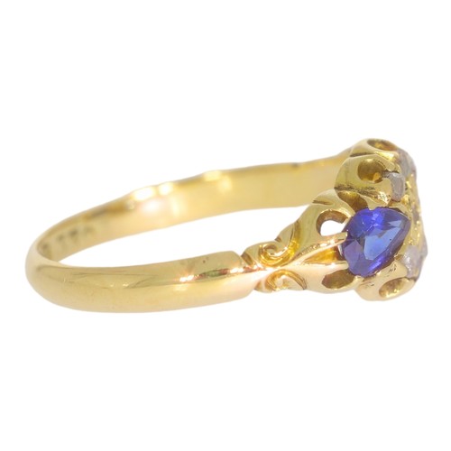 125 - Antique 18ct gold sapphire and diamond dress ring. Set with two medium blue sapphires, and rose cut ... 