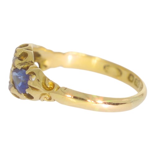 125 - Antique 18ct gold sapphire and diamond dress ring. Set with two medium blue sapphires, and rose cut ... 