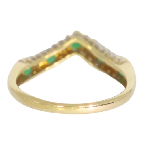 59 - 9ct gold emerald and diamond wishbone half-eternity ring. Set with round emeralds, and eight cut dia... 