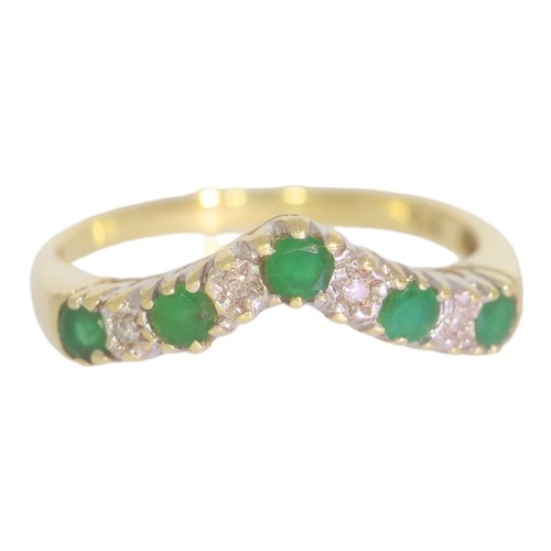 59 - 9ct gold emerald and diamond wishbone half-eternity ring. Set with round emeralds, and eight cut dia... 