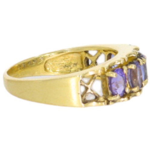 4 - 14ct yellow gold ring with light blue stones. size I,