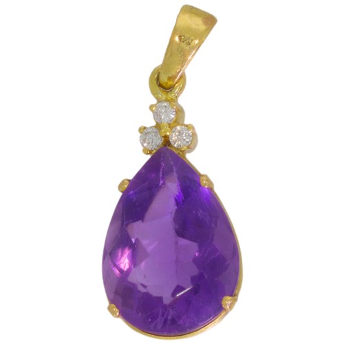 227 - An amethyst and diamond pendant.  Set with a pear shape amethyst and brilliant cut diamonds of 0.18c... 