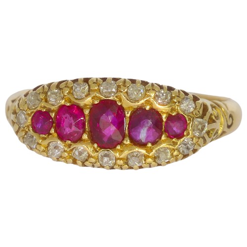 136 - Edwardian ruby and diamond carved half hoop ring. Set with vivid rubies and old mine cut diamonds of... 