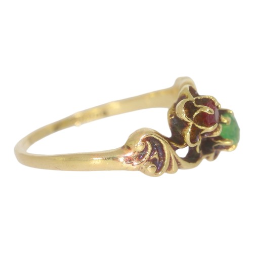 155 - Vintage style 9ct flower ring. 
green and red gems. 9ct yellow gold 
size M