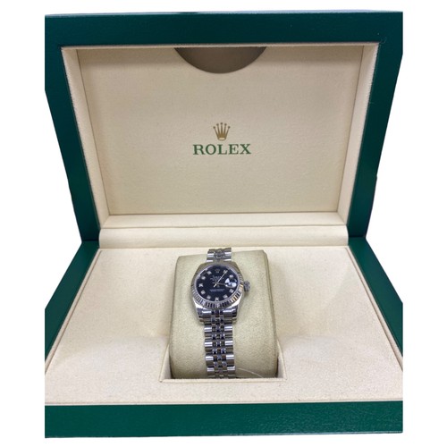 69 - Rolex Datejust White Gold Bezel Black Diamond Dial Ladies Watch 179174 With Box And Card And Origina... 