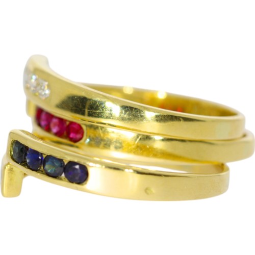 126 - 18ct gold ruby, sapphire & diamond three ring stack. 8.8 Grams. Set with round mixed cut rubies, sap... 