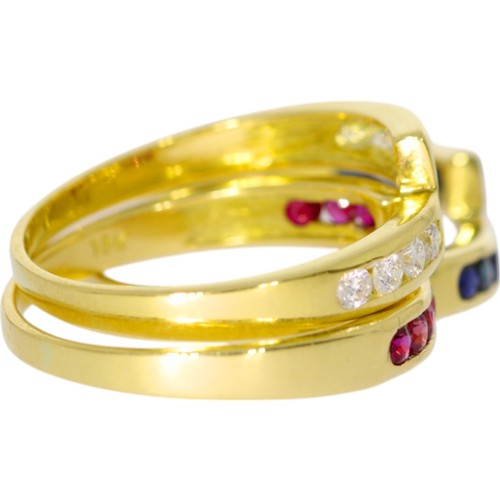 126 - 18ct gold ruby, sapphire & diamond three ring stack. 8.8 Grams. Set with round mixed cut rubies, sap... 