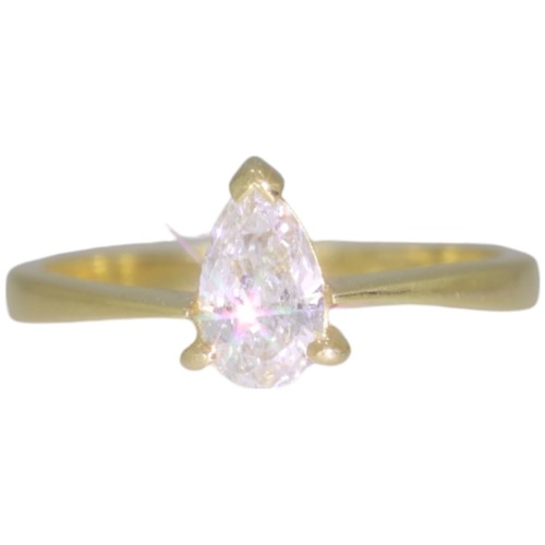 156 - 18ct Yellow Gold Single Pear Diamond Ring 
Total Diamond Carat Approx - .50
Weight 2.4 Grams 
Finger... 