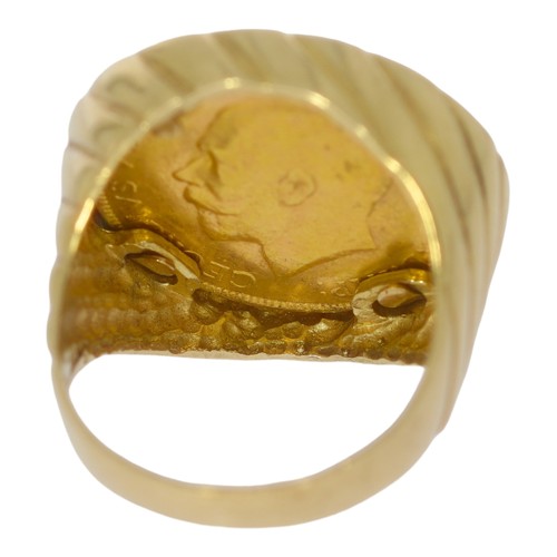 159 - 1923 Gold Sovereign Marked P Cased In A 9ct Yellow Gold Ring Total Weight 15.3 Grams Finger Size S