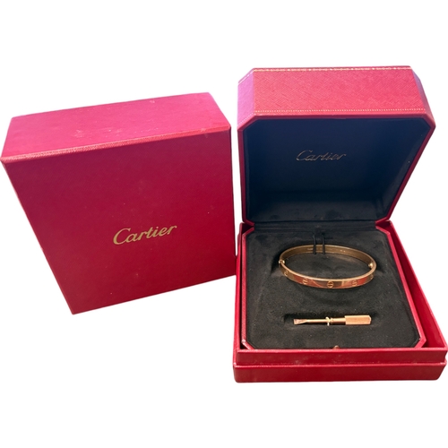 264 - Cartier Rose Gold Love Bangle Size 19 Width 5.9mm Weight 35.5 Grams Has Screwdriver and box