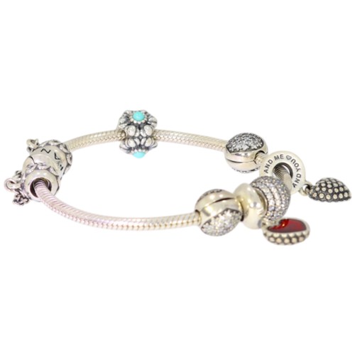 276 - Pandora Charm Bracelet With Safety Chain And 4 Charms and 2 spacers Total Weight 38.4 Grams