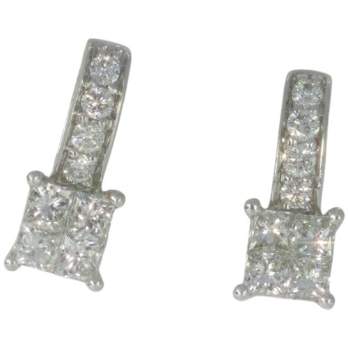 305 - 9ct white gold diamond earrings. Set with princess and brilliant cut diamonds of 0.40ct total, asses... 