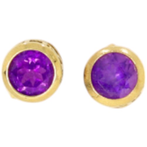 285 - 9ct gold amethyst single-stone earrings. Set with round amethysts. Weight 1.2g. Stamped 9ct. Good, w... 