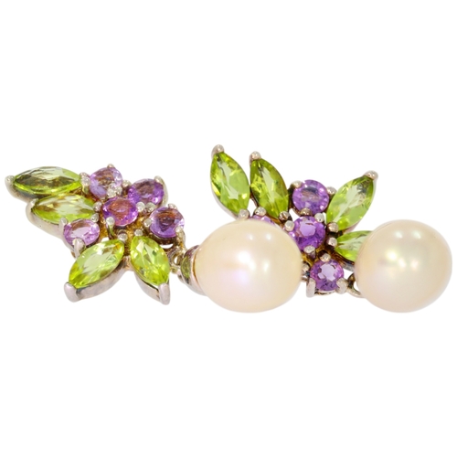 279 - Silver Drop Earrings With Pearls And Purple And Green Stones 5.5 Grams